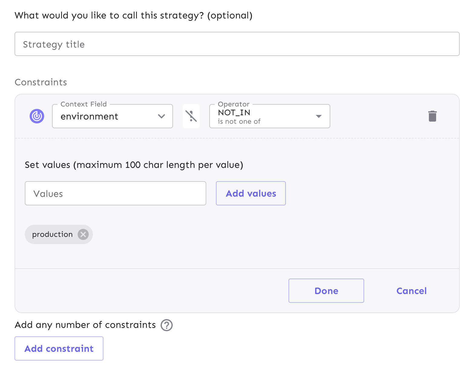 The new constraint form includes a context field, operator, and values field to customize the conditions under which a user will be exposed to the flag