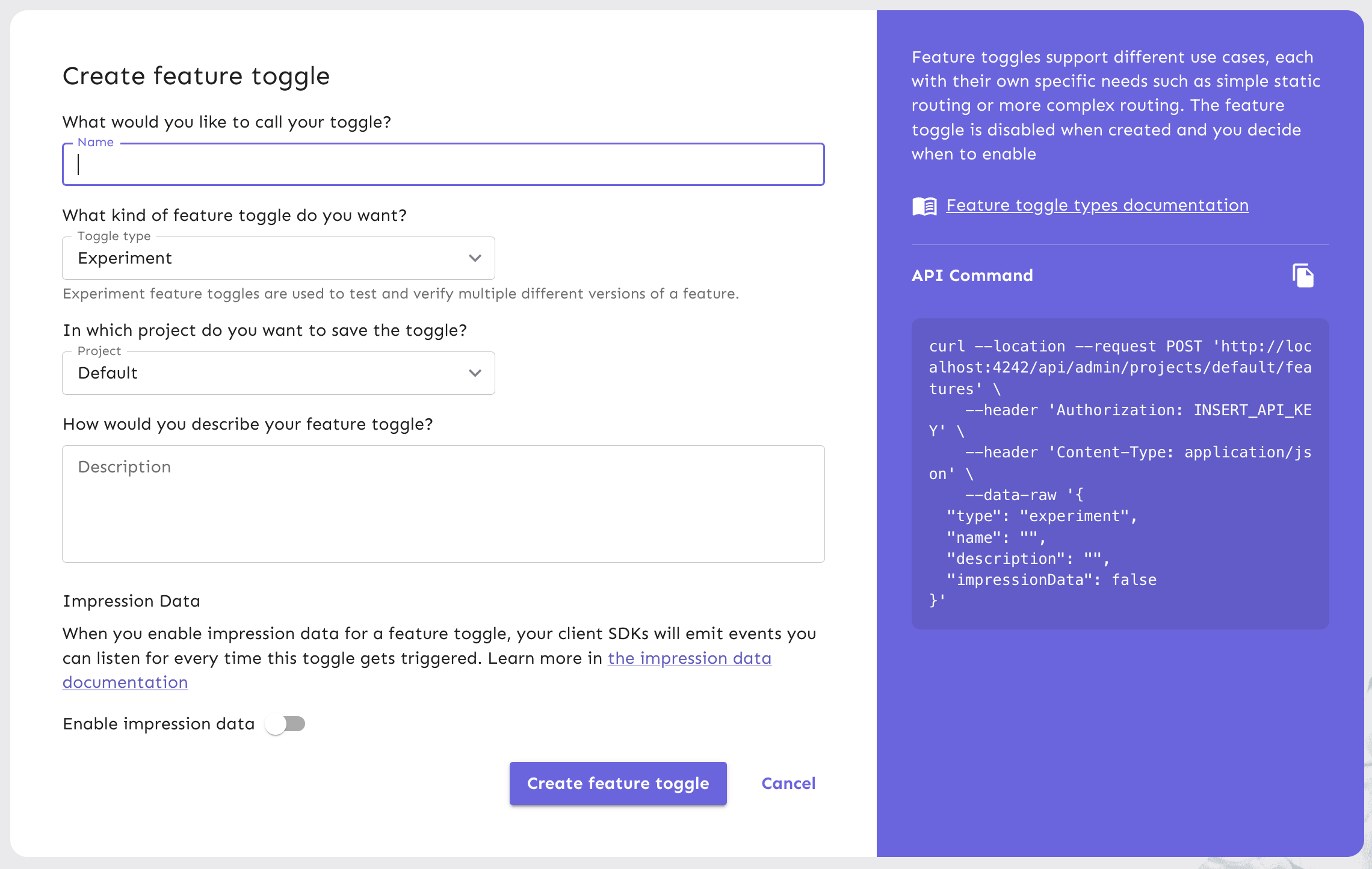 Create a feature flag by filling out the form fields.