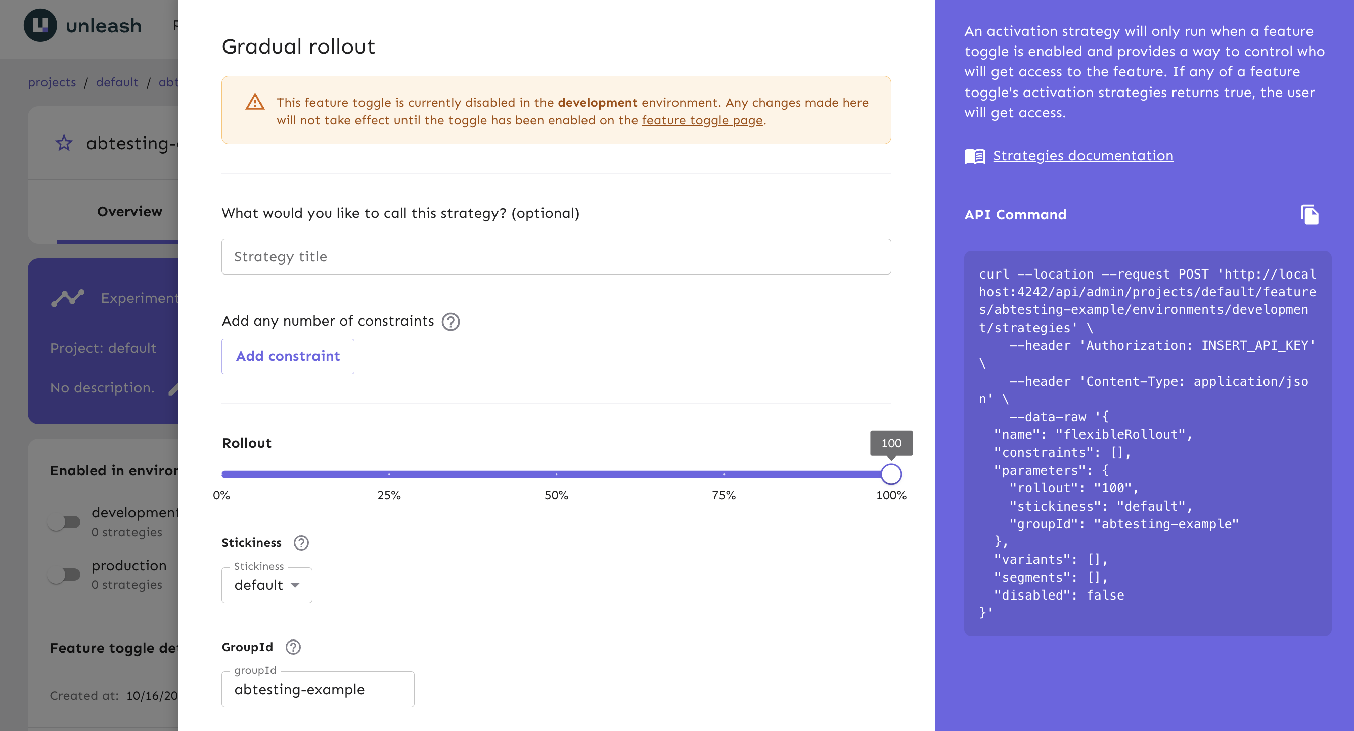 In the gradual rollout form, you can configure the parameters of your A/B tests and releases.